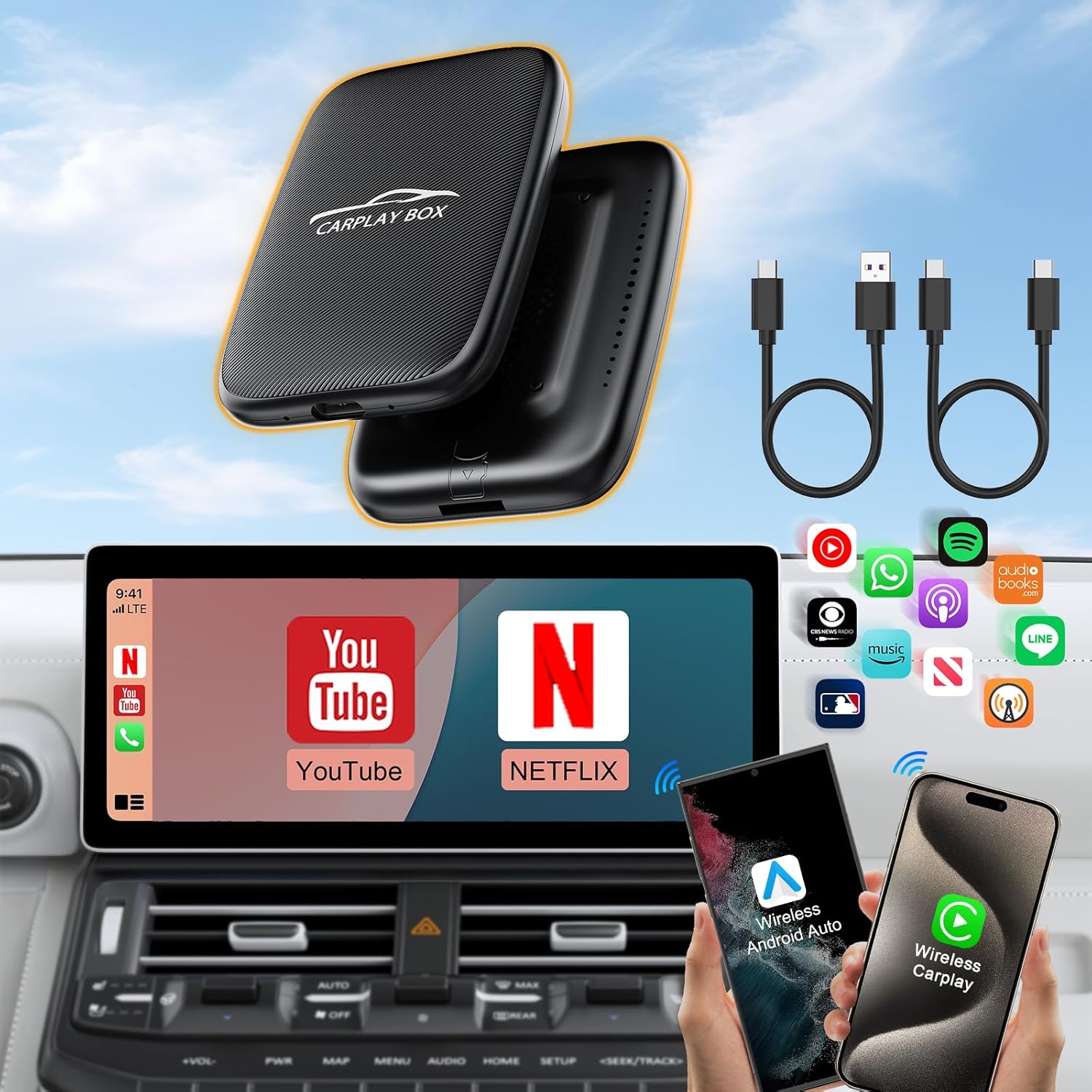 Photo 1 of 2025 Upgraded Wireless Carplay and Android Auto Dongle Support Netflix/YouTube,Car Play Ai Box with USBA-C and USBC-C Cable for iPhone Android,Convert Wired to Wireless CarPlay Stream to Your Car