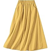 SANGTREE Women's Cotton Linen Midi Skirt with Pockets Casual Flowy Swing Elastic High Waist A-Line Long Boho Skirts