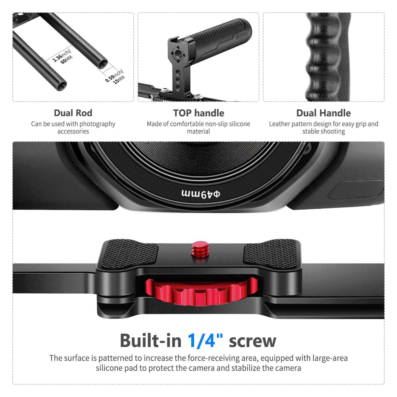 NEEWER Aluminum Alloy Camera Cage, Filmmaking Rig with Top Handle, Dual Grips, Standard Arca Type Base, Compatible with Sony A7S III A7IV A6600 Canon EOS R5C R5 R6 DSLR/Mirrorless Cameras - VS107