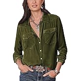 Velvet Shirts for Women Long Sleeve Button Down Shirt Vintage Tops Lapel Blouse Fall Winter Tee with Pocket