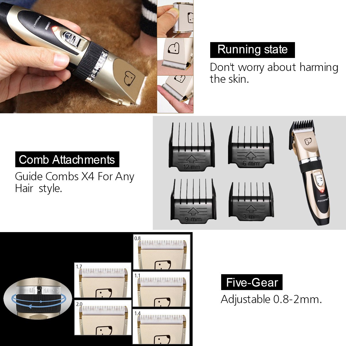 Pet Grooming Clippers,Focuspet Rechargeable Cordless Dog Grooming Clippers Kit Low Noise Electric Hair Trimming Clippers Set For Small Medium Large Dogs Cats Other Animals