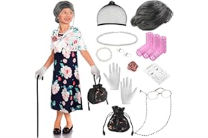 Yingzhao 20 Pcs 100th Day of School Old Lady Costume for Kids Girls Granny Wig Grandma Dress Glasses Cane Necklace