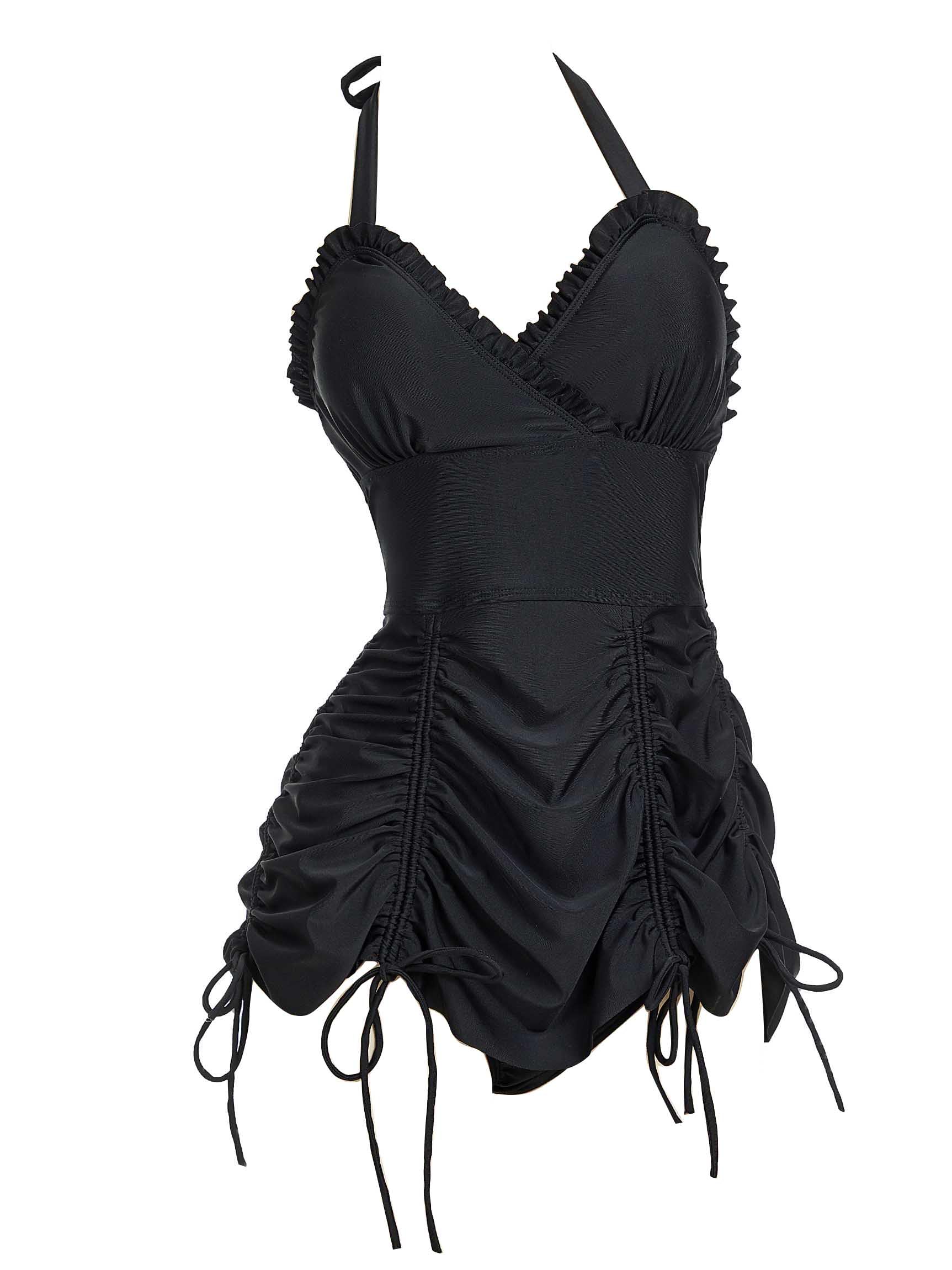 Photo 1 of SMALL-MEOWCOS Women One Piece Swimsuits Gothic Halter Neck Bathing Suit with Drawstring Design Black