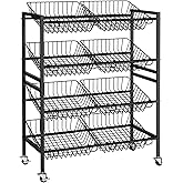 Evermagin 25.2''W Kitchen Storage Cart, Rolling Snack Cart, 4 Tier Fruit Basket Vegetable Stand, Metal Pantry Storage Organizer with 8 Removable Baskets for Onion Potato, Black