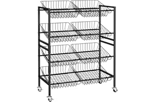 Evermagin 25.2''W Kitchen Storage Cart, Rolling Snack Cart, 4 Tier Fruit Basket Vegetable Stand, Metal Pantry Storage Organizer with 8 Removable Baskets for Onion Potato, Black