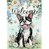 Covido Welcome Spring Summer Boston Terrier Dog Decorative Garden Flag, Daisy Flower Leaves Yard Outside Decorations Pet Lover Gift, Seasonal Burlap Outdoor Small Home Decor Double Sided 12 x 18