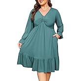 Baosuu Women's Plus Size Dress Casual Long Sleeve V Neck Twist Knot Front Flowy Dress