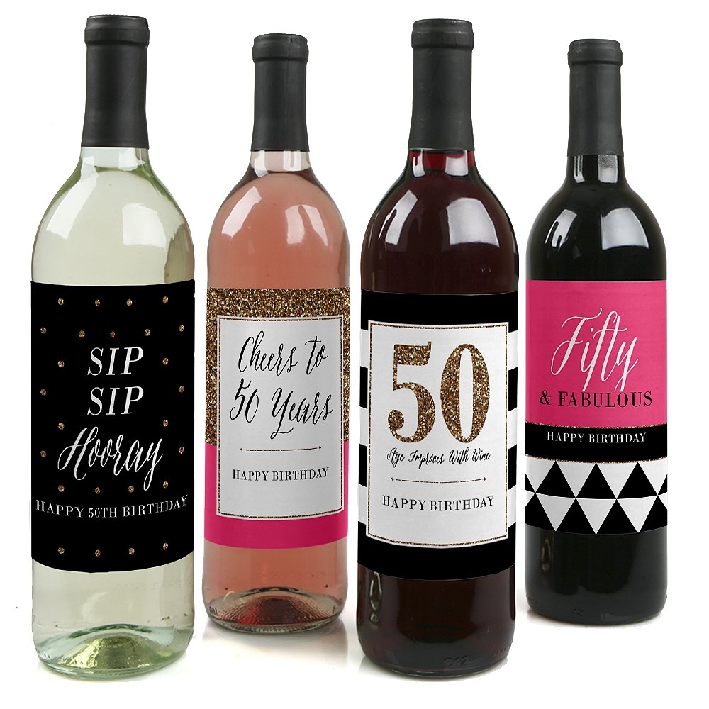 Buy Chic 50th Birthday Pink, Black and Gold Wine Bottle Labels