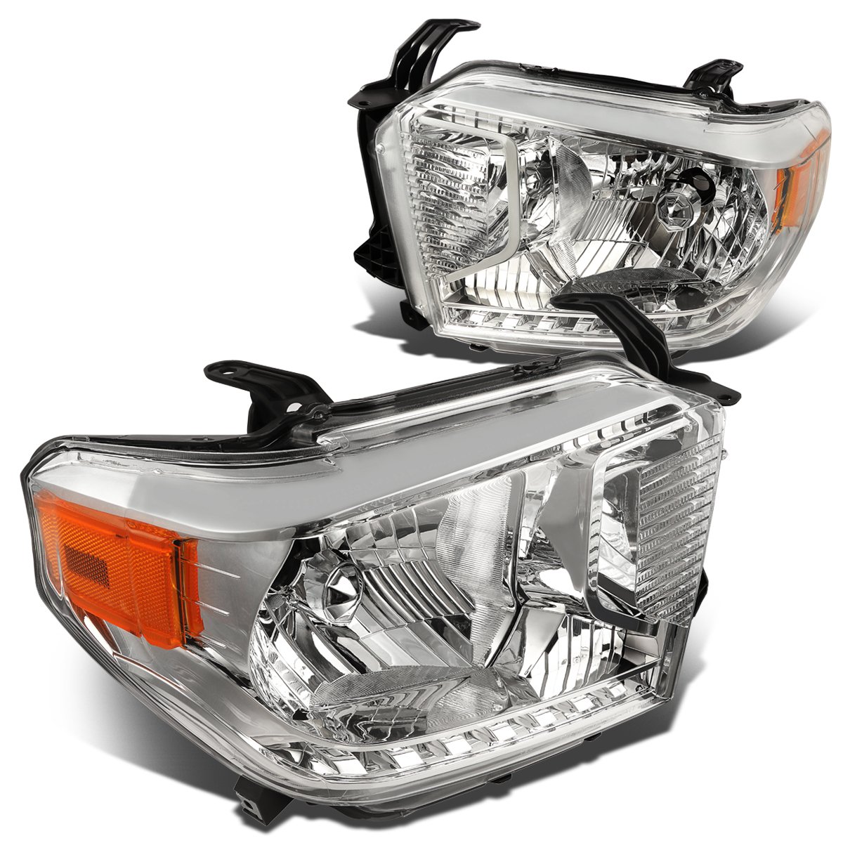 DNA Motoring HL-OH-TTUND14-CH-AM Chrome Housing Amber Corner Headlights Replacement For 14-17 Tundra