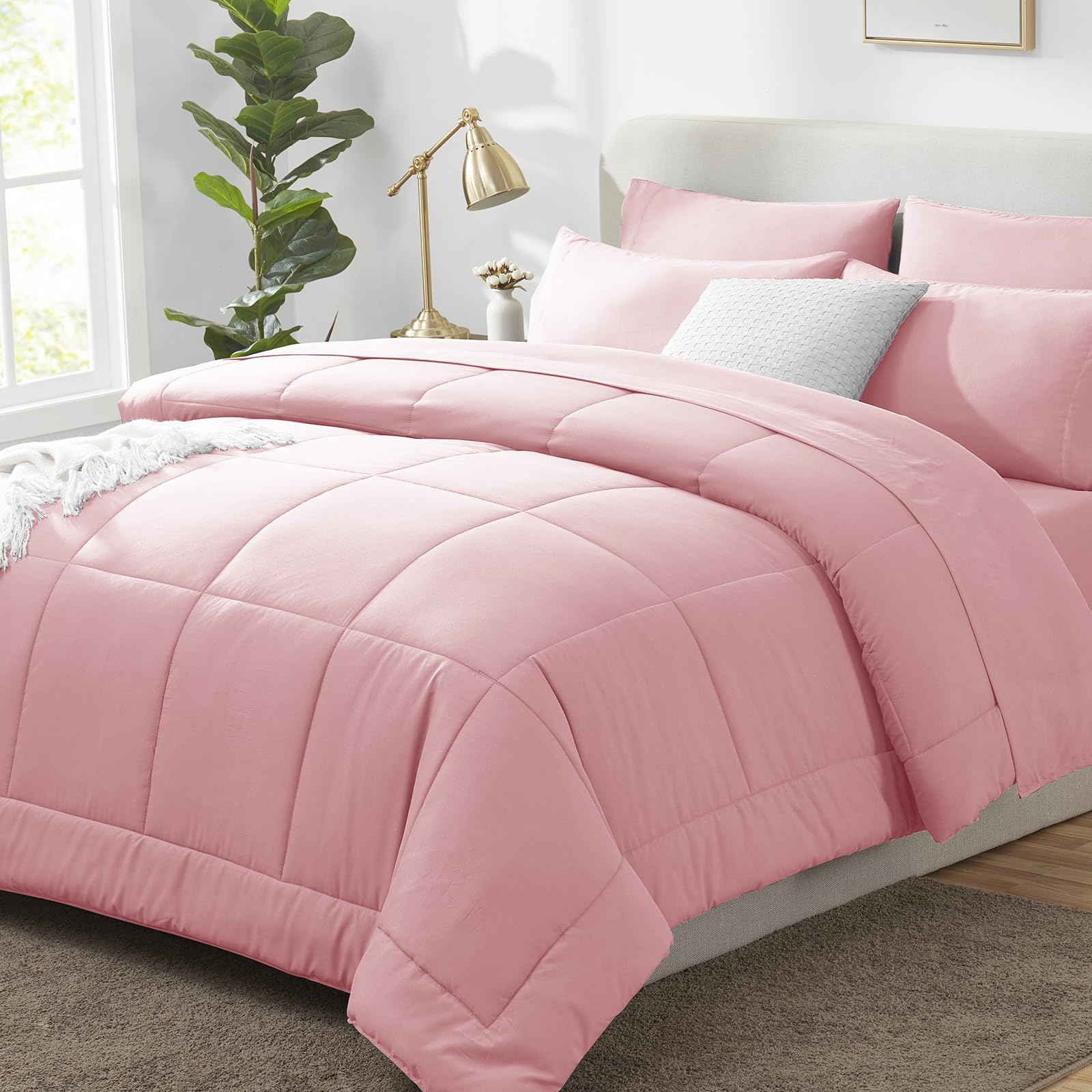 CozyLux Queen Comforter Set Pink, 7 Pieces Bed in a Bag, Pink Comforters Queen Size, All Season Bedding Sets with Stitch Quilted Comforter, Flat Sheet, Fitted Sheet, Pillowcases