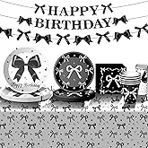Black Bow Birthday Party Supplies Girl Coquette Birthday Party Decorations Includes Black Bow Plates Napkins Cups Tablecloth Banner for Bow Theme Party Decorations, Serve 24