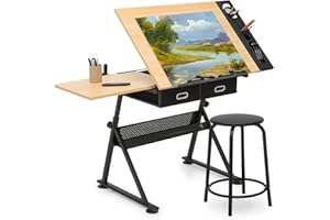 Magshion Adjustable Drafting Table Set, Tilting Wooden Art Desk with Sliding Desktop, Stool & Storage Drawers, Home Office Multifunctional Artist Desk for Drawing, Painting (Natural)