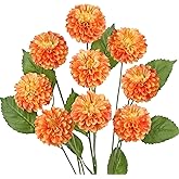 Hollyone 27.6" Orange Artificial Dahlia Flowers 3Pcs Fake Roses Bouquet Ball Dahlia Flower Arrangement Faux Pincushion Flower with 3 Heads Long Stem for Centerpiece Home Decor