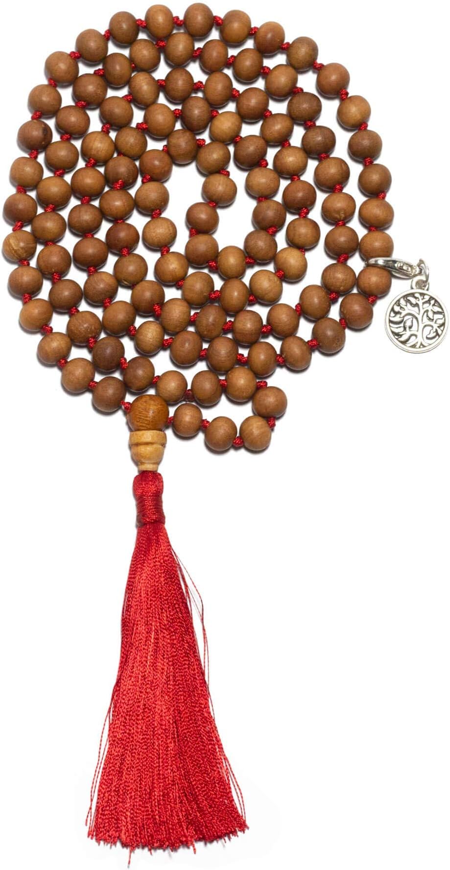 Mala Necklace - 108 Japa Mala Prayer Beads - With Detachable Pendant, Charm, Cotton Bag - Handmade Prayer Mala for Men & Women - Good for Meditation, Health & Wellness - Red Tigers Eye Mala Sandalwood
