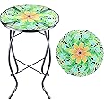 VCUTEKA Outdoor Side Table Mosaic End Table Patio Side Table Small End Table Glass Top Round Balcony Coffee Table Porch Indoor Glass Top Bee 14''