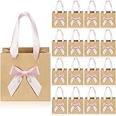 Honoson 50 Pcs Valentines Small Gift Bags with Handle 4 x 2.75 x 4.5 No DIY Mini Paper Bags Bulk with Bow Ribbon for Galentine Party Favor Wedding Birthday Guests Baby Shower(Light Pink)