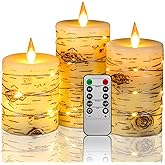 Flameless Candle LED Candles Hand Painted Birch Bark Effect Recessed Light String Candle Set of 3(H4,5,6") Ivory Real Wax Pillar Battery Operated Candles with Dancing LED Flame 10-Key Remote Control