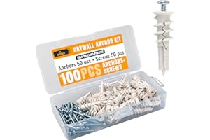 ALBO #8-100 pcs Self Drilling Drywall Anchor Set Hollow Wall with Screws (White Anchor 50pcs + Screws 50pcs) Plastic E-Z Ancor Kit