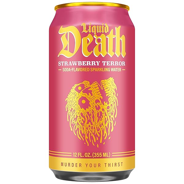 LIQUID DEATH SODA-FLAVORED SPARKLING WATER – STRAWBERRY TERROR, LESS SUGAR*, HUGE FLAVOR, NO CAFFEINE, NO ARTIFICIAL SWEETENERS, 12 FL OZ (PACK OF 12)