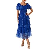 GRACE KARIN Women's 2026 Summer Midi Tulle Dress,Square Neck Puff Sleeve Smocked Mesh Dresses,Wedding Guest Party Dresses
