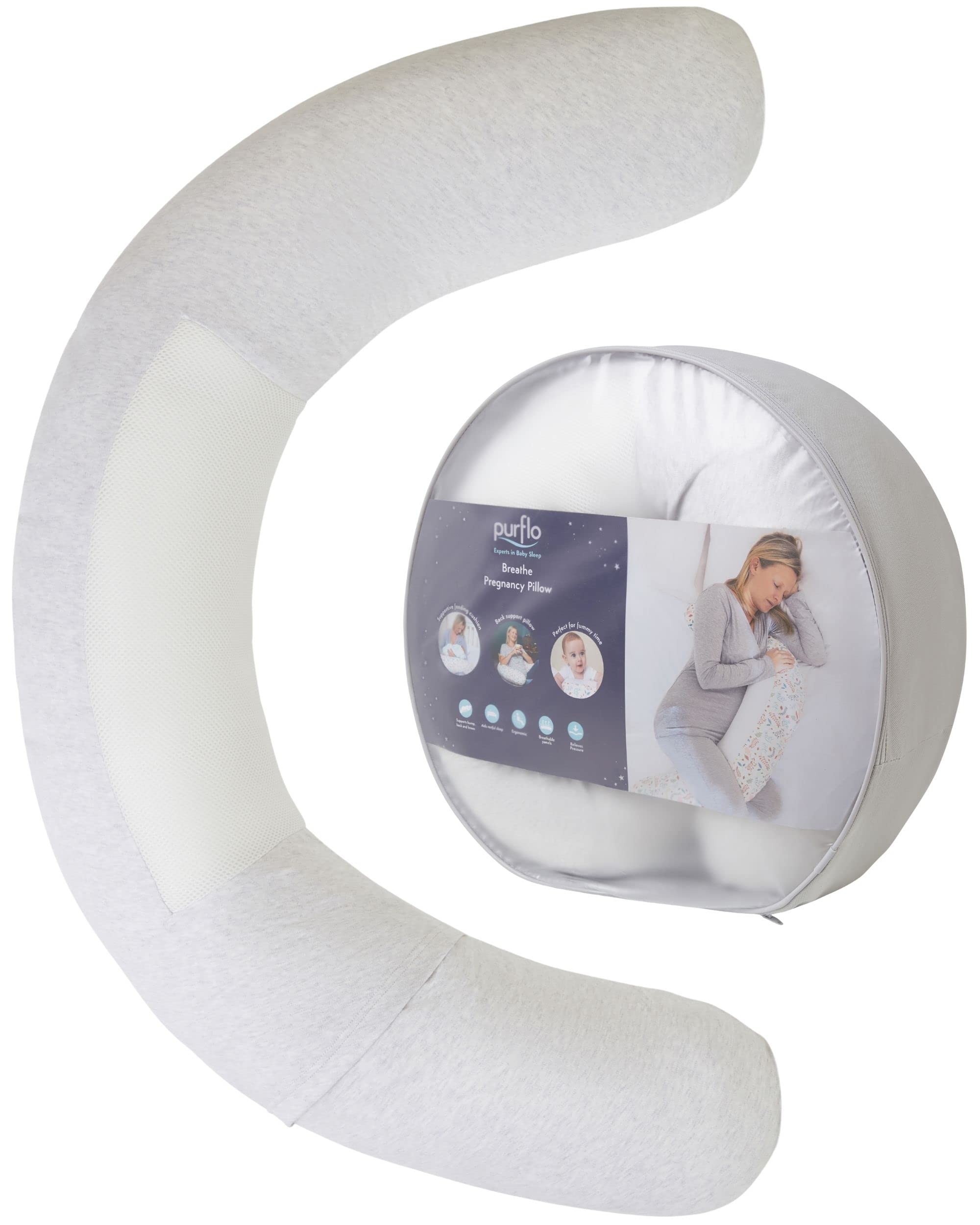 PurFlo Breathe Pregnancy Pillow | Revolutionary Fully Breathable Maternity Pillow With Luxurious Soft Jersey Cover | Use as Body Pillow, Leg Pillow, Nursing Pillow & Tummy Time Pillow | Minimal Grey