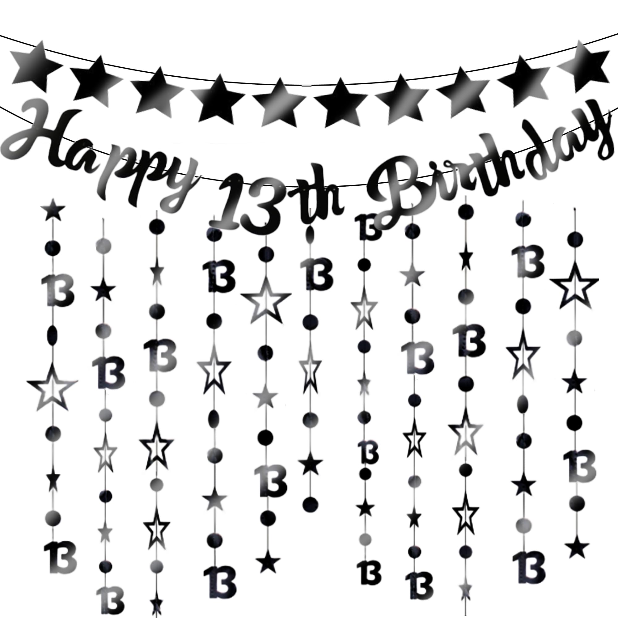 13th Birthday Decorations Girls Boys - 3 Pcs Balck Official Teenager Party Banner Glitter Twinkle Hanging Streamer Garland For 13 Years Old Party Wall Decor