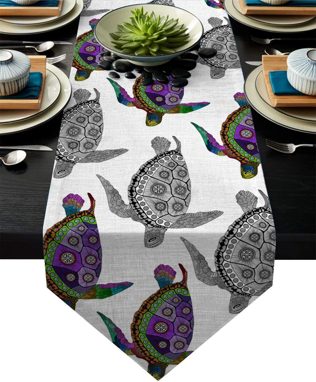 Fandim Fly Table Runner Colorful Sea Turtle Abstract Geometry Table Runners for Catering Events, Dinner Parties, Wedding, Indoor and Outdoor Parties, 18 x 72 Inch