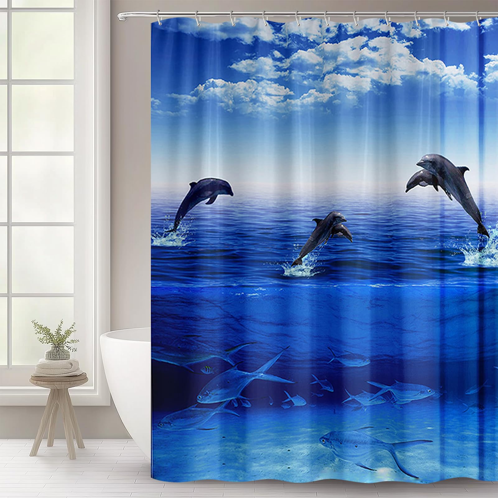 WOWTOY Shower Curtain with 12 Hooks, Waterproof Polyester Fabric Bathroom Bathtub Shower Curtain Liner, Weighted Hem, Washable, Quick Dry (180 x 180cm, Ocean 01)