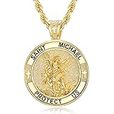 WYUESGU Patron Saint Medals, 14K Gold Protection Jewelry, Christmas Catholic Christian Religious Gifts for Men with 22"+2" Rope Chain