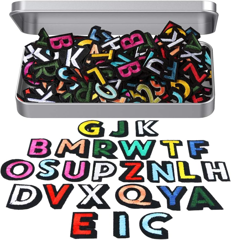 104 Pieces Iron on Letter Patches with Metal Box, Sew on AZ Alphabet