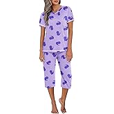 Ekouaer Women's Pajama Set 2 Piece Short Sleeve Capri Pj Sets V Neck Loungewear Sleepwear with Pockets S-3XL