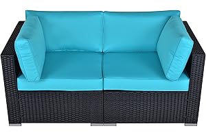 SUNVIVI OUTDOOR Patio Loveseat, 2 Piece Wicker Outdoor Sectional Couch with Removable Blue Cushions, Extra Sofa Furniture