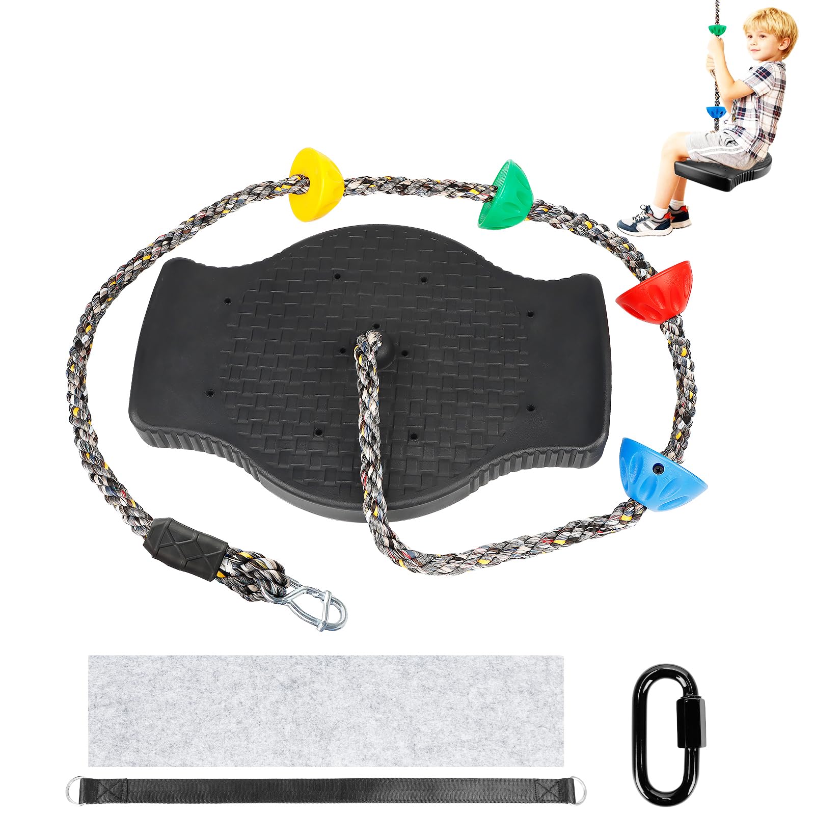 Climbing Rope Swing, Non-Slip Kids Swing Seat Set with Disc Swing Seat, 1.2-1.9M Adjustable Ropes and 2 Carabiners, 75kg Swing Seat for Backyard Playground Swingset Accessories, Black