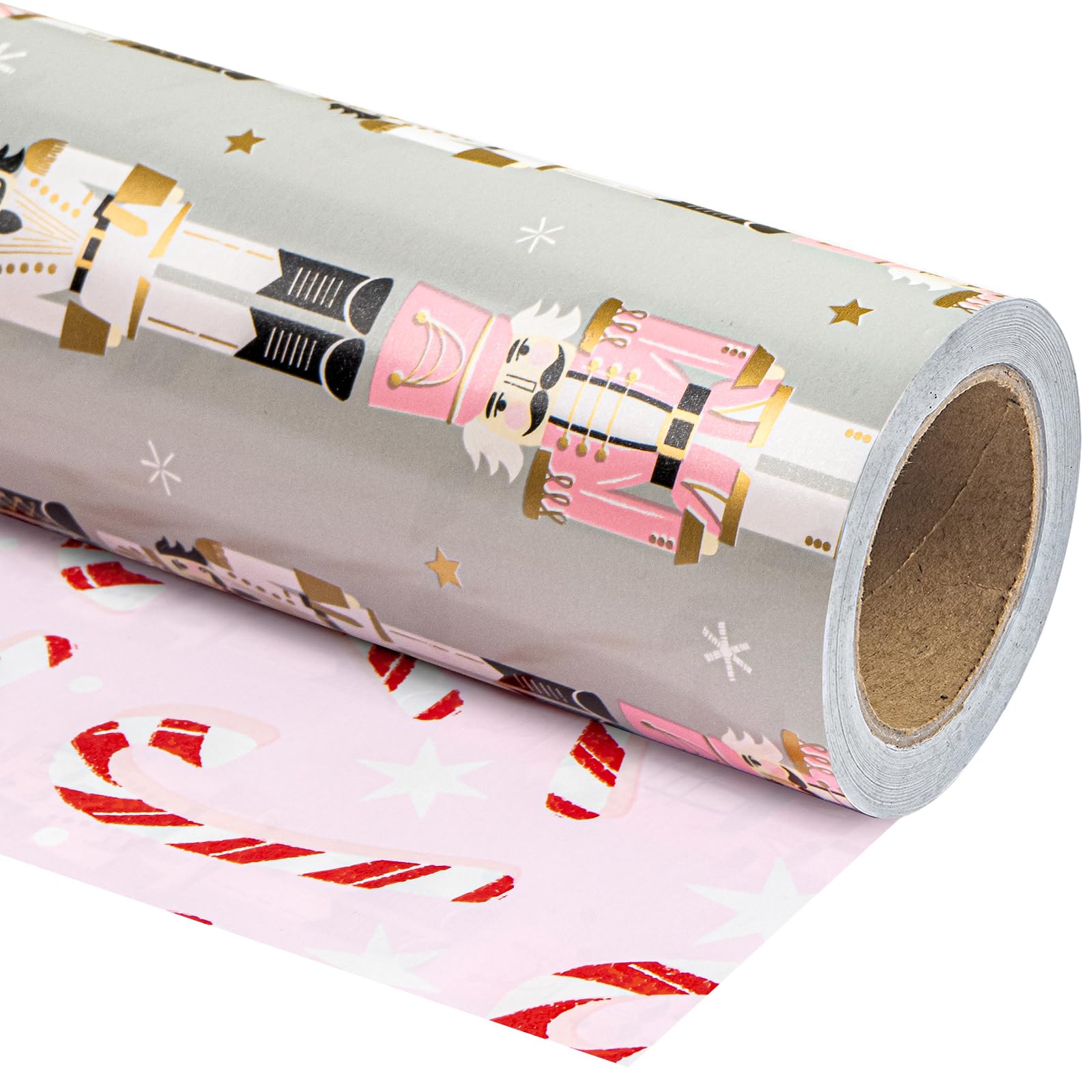 WRAPAHOLIC Jumbo Reversible Christmas Wrapping Paper - 30 Inch X 100 Feet Jumbo Roll Nutcracker and Candy Cane Printed on Pearlized Paper
