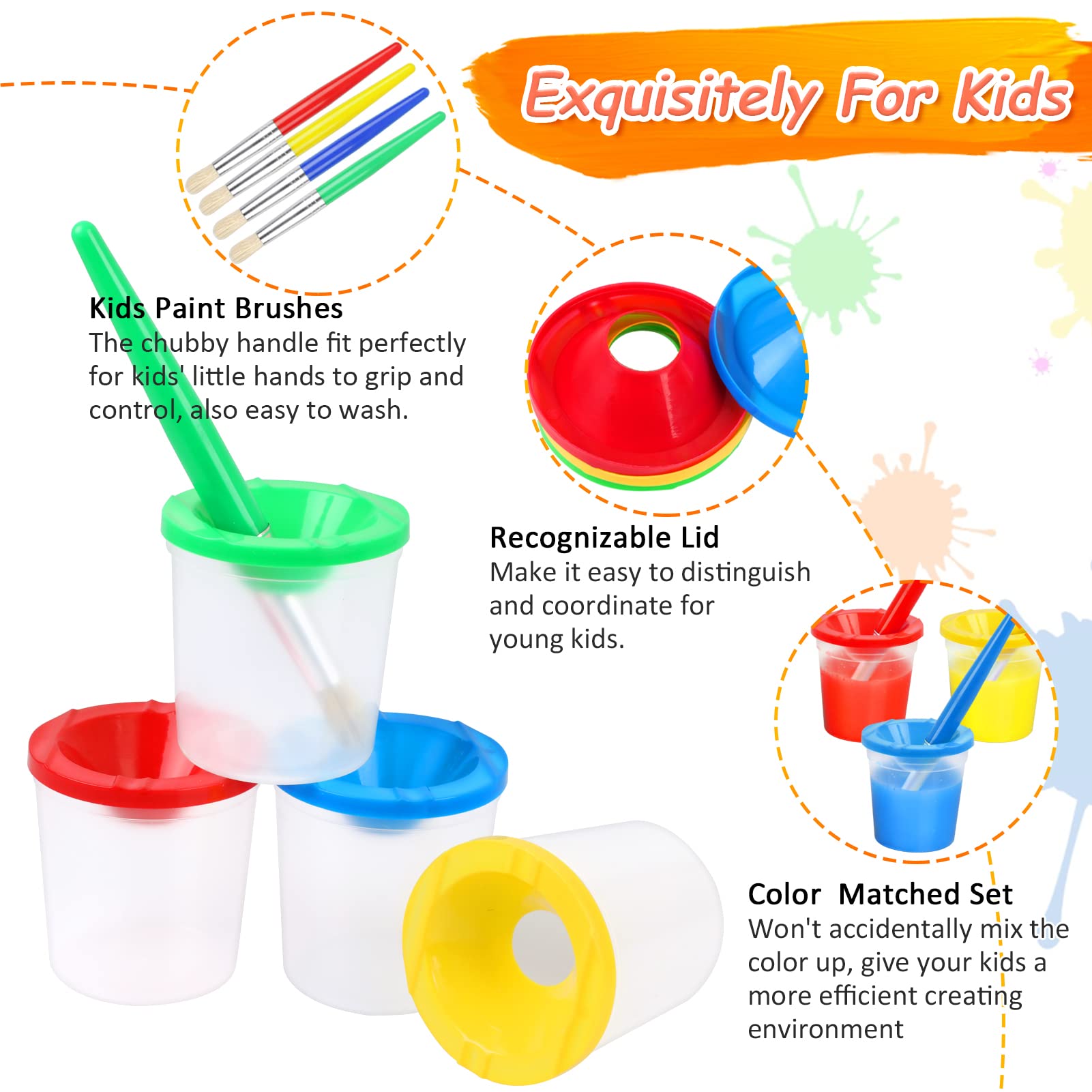 RNKP 4 Piece Children's No Spill Paint Cups with Colored Lids and 4 Piece Large Round Brush Set with Plastic Handles