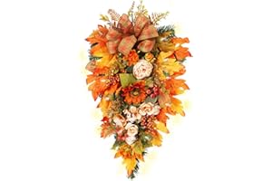 PRTECY 21.7Inch Artificial Fall Harvest Teardrop Swag for Front Door Thanksgiving Teardrop Wreath with Maple Leaves Berry Autumn Floral Swag for Home Wall(with Light)