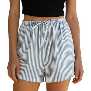 Women's Striped Shorts Elastic Waist Drawstring Lounge Shorts Summer Lightweight Beach Bottoms with Pockets