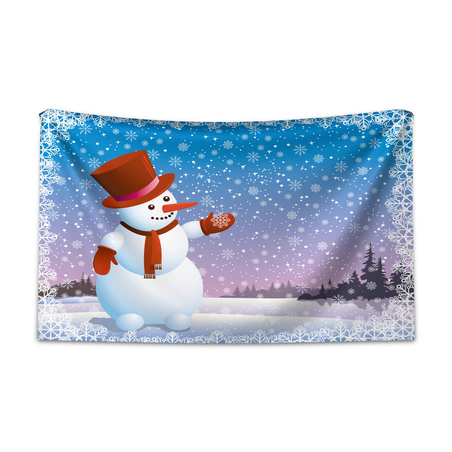 ABAKUHAUS Snowman Tapestry, Cartoon Happy Snowman Looking at the Snowflake Icy Winter Scenery Evergreen Woods, Fabric Wall Hanging Decor for Bedroom Living Room Dorm, 230 x 140 cm, White Blue