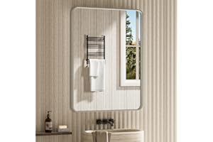 JISOSO Brushed Silver Bathroom Mirror Wall Mounted Vanity Mirror with Rounded Corner Metal Framed, Tempered Glass, Anti-Rust(Horizontal/Vertical), 22 x 30 Inch