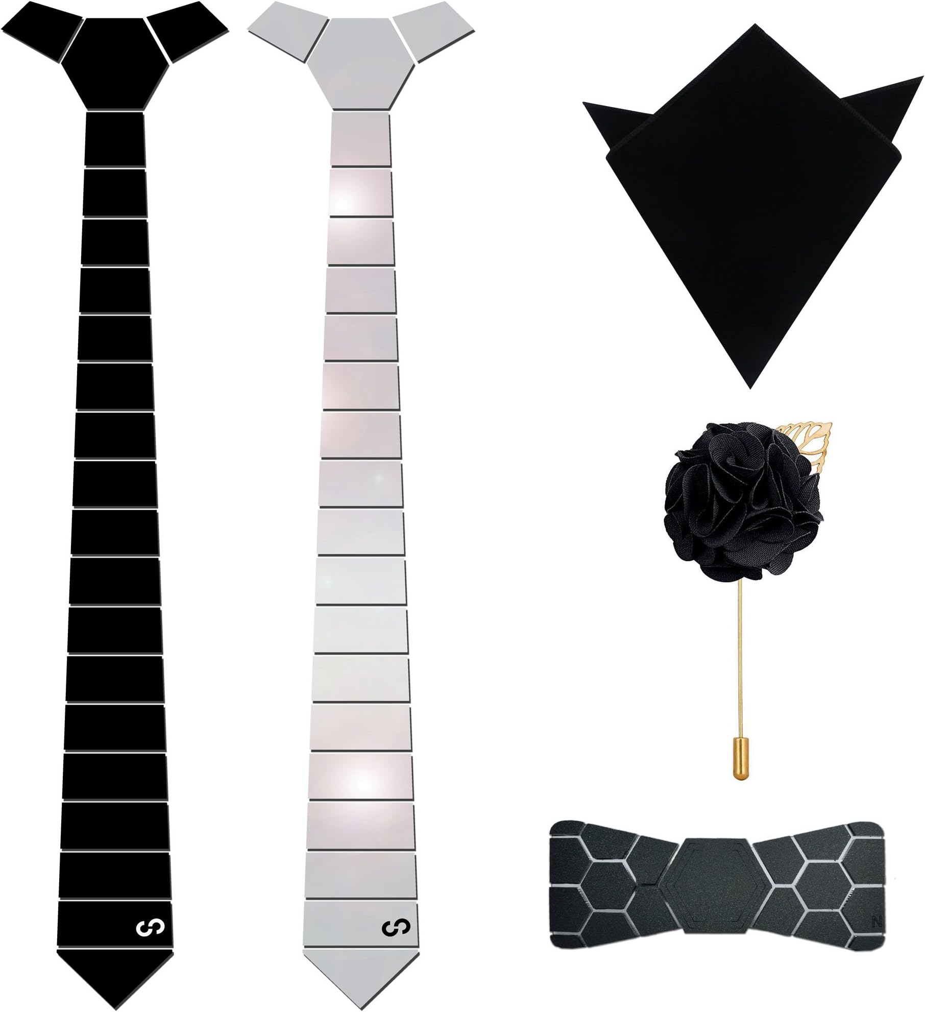 HEX TIE Men's Emirate Luxury HexTie Combo of HexBow, Pocket Square and Lapel Pin (Silver, Free Size)