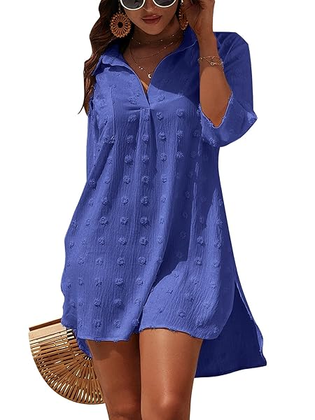 BLOOMING JELLY WOMENS BATHING SUIT COVERUPS WHITE SWISS DOT BEACH SWIM COVER UP SHIRT DRESS(X-LARGE,SAPPHIRE BLUE)