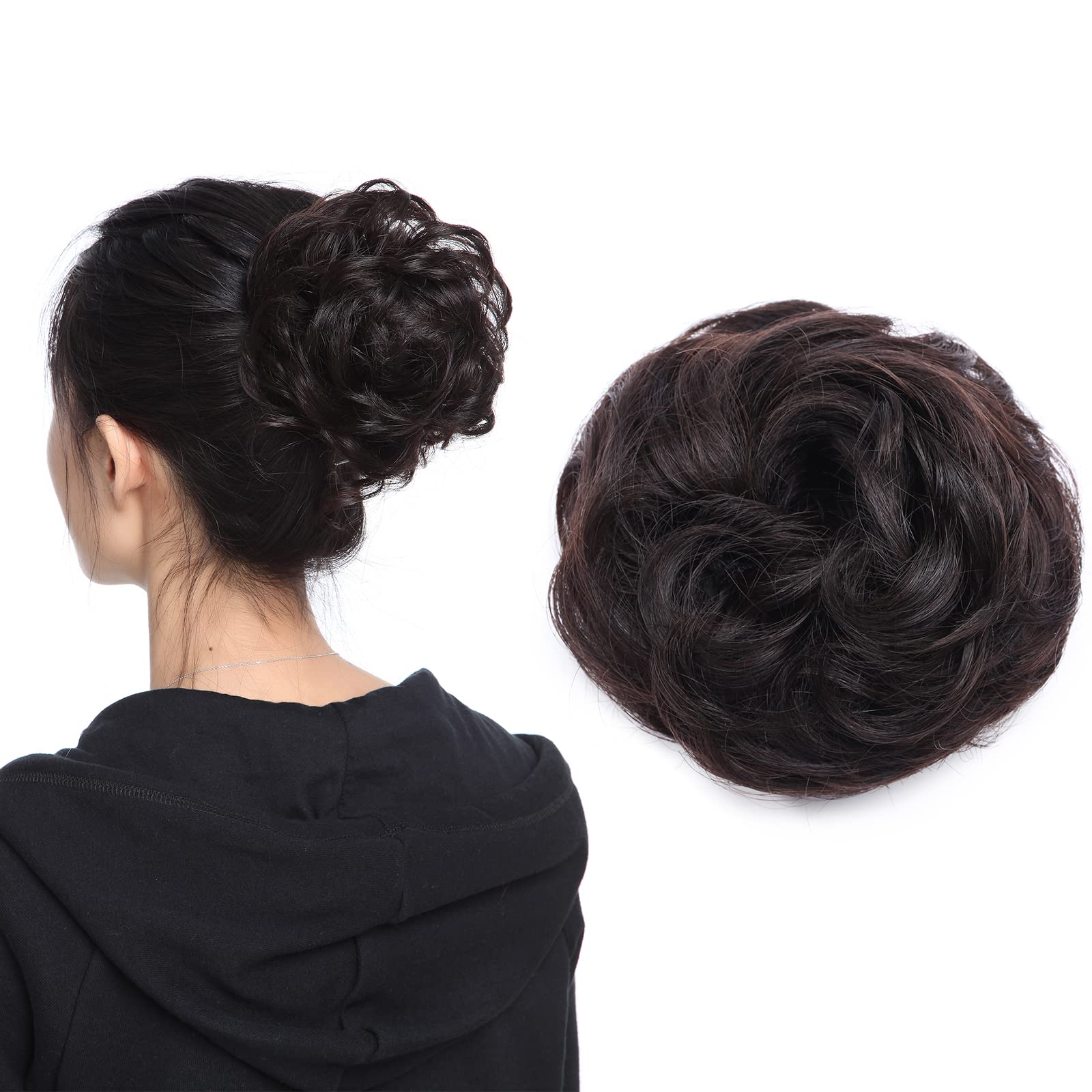 Silk-co Short Messy Hair Bun 100% Silky Soft Real Remy Human Updo Curly Hair Ribbon Ponytail Extensions Donut Chignons HairPeice #1B Natural Black