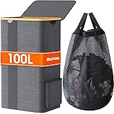 BlissTotes Laundry Basket with Lid, 100L Clothes Laundry Hamper with Handles and Removable Laundry Bag, Breathable Design Hamper with Lid for Bedroom, Bathroom, Dorm, Laundry Room - Light Grey
