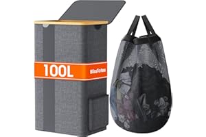 BlissTotes Laundry Basket with Lid, 100L Clothes Laundry Hamper with Handles and Removable Laundry Bag, Breathable Design Hamper with Lid for Bedroom, Bathroom, Dorm, Laundry Room - Light Grey