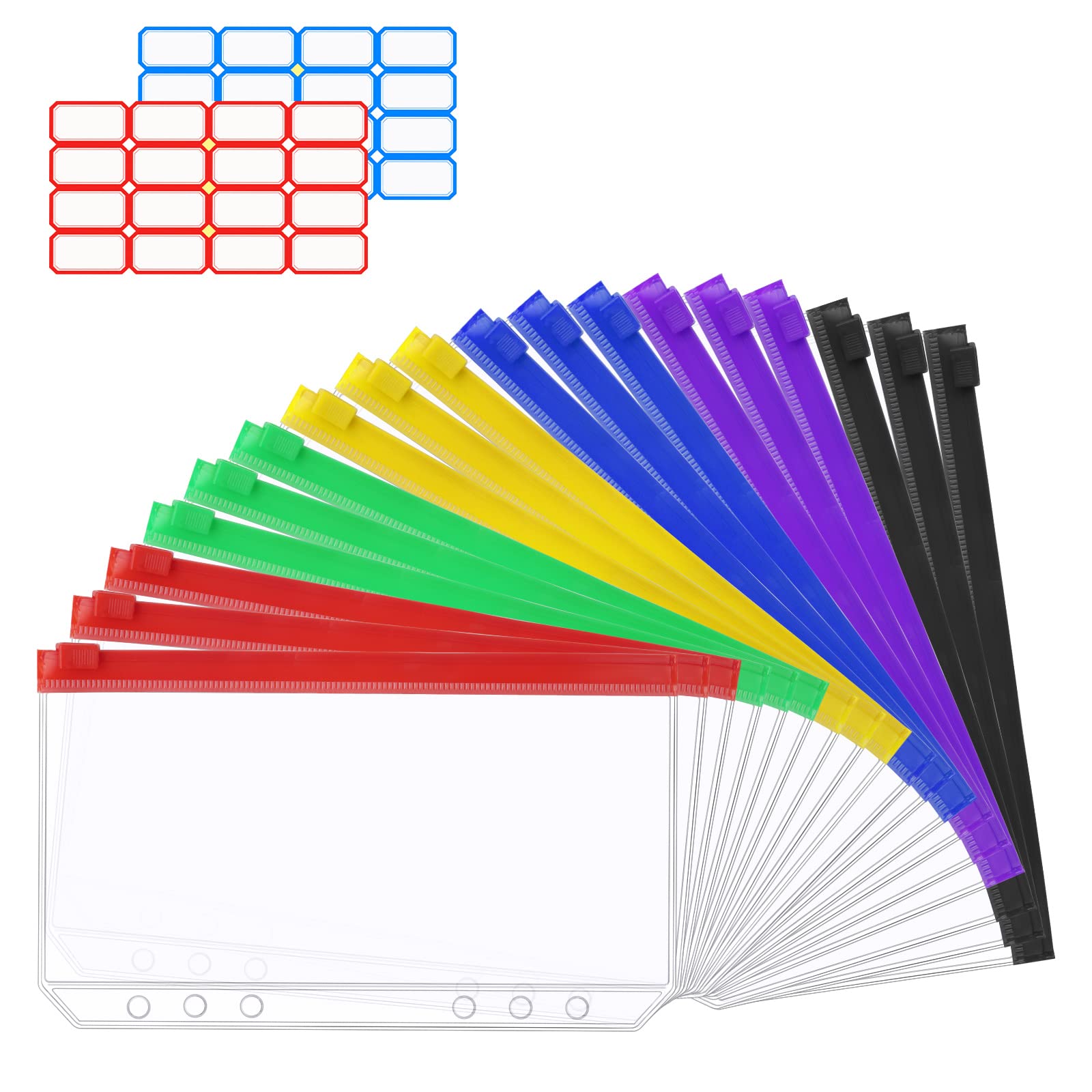 Vicloon A6 Zipper Binder Pockets, 18Pcs Plastic Binder Zipper Folders Loose Leaf Bags with 2 Sheets Removable Label Stickers Money-Saving Cash Envelopes Document Organizer Binder (Multicolor)