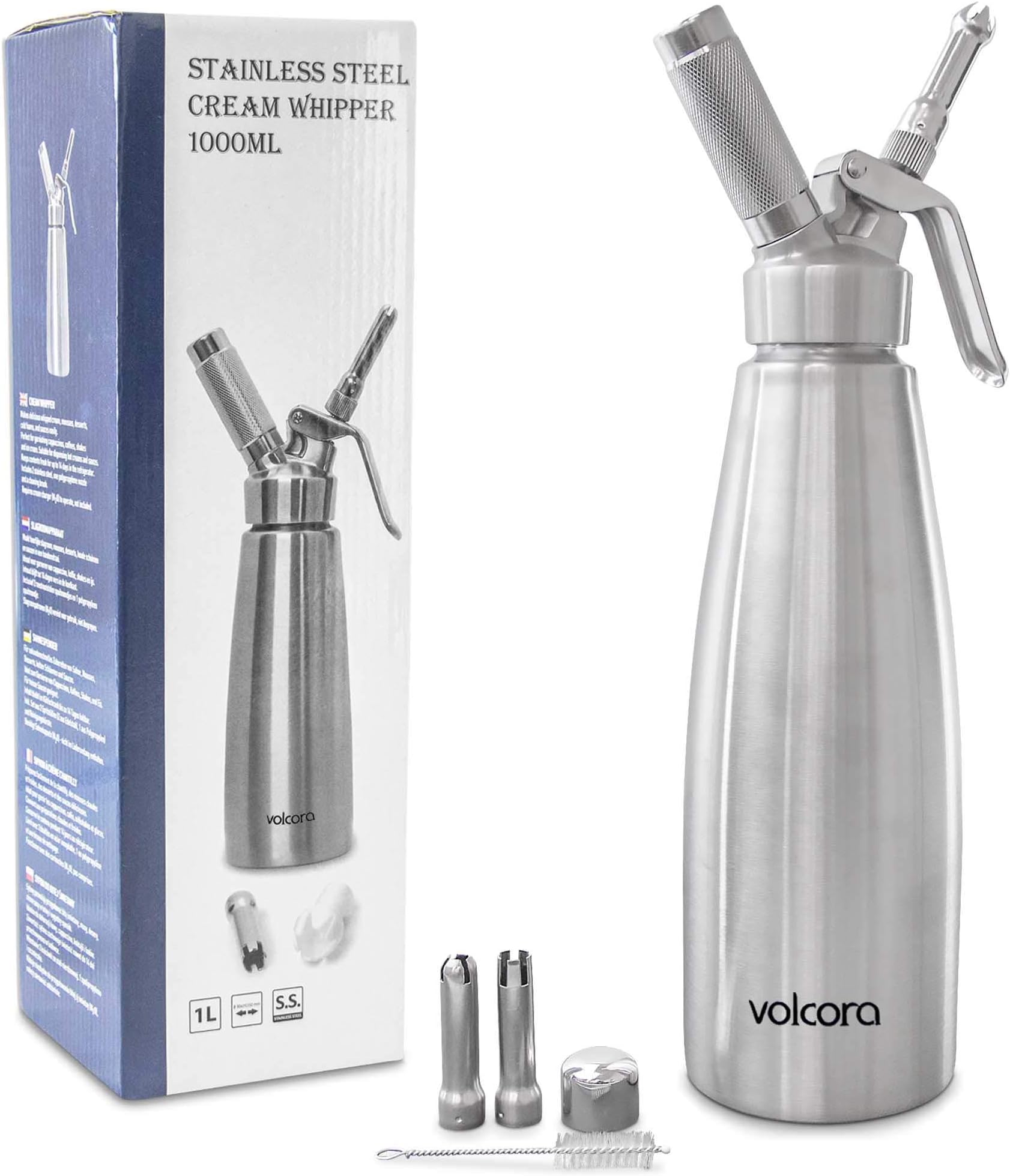 1L Stainless Steel Whipped Cream Dispenser, Dishwasher Safe Silver Professional Whipper, 1 Quart, 3 Decorating Nozzles
