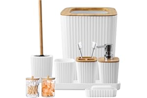 XLHOMO Bathroom Accessory Set, 9-Piece White Bathroom Set with Trash Can, Tray, Soap Dispenser, Toothbrush Holder, Toothbrush Cup, Soap Dish, Toilet Brush and Q-tip Holders for Bathroom/Housewarming