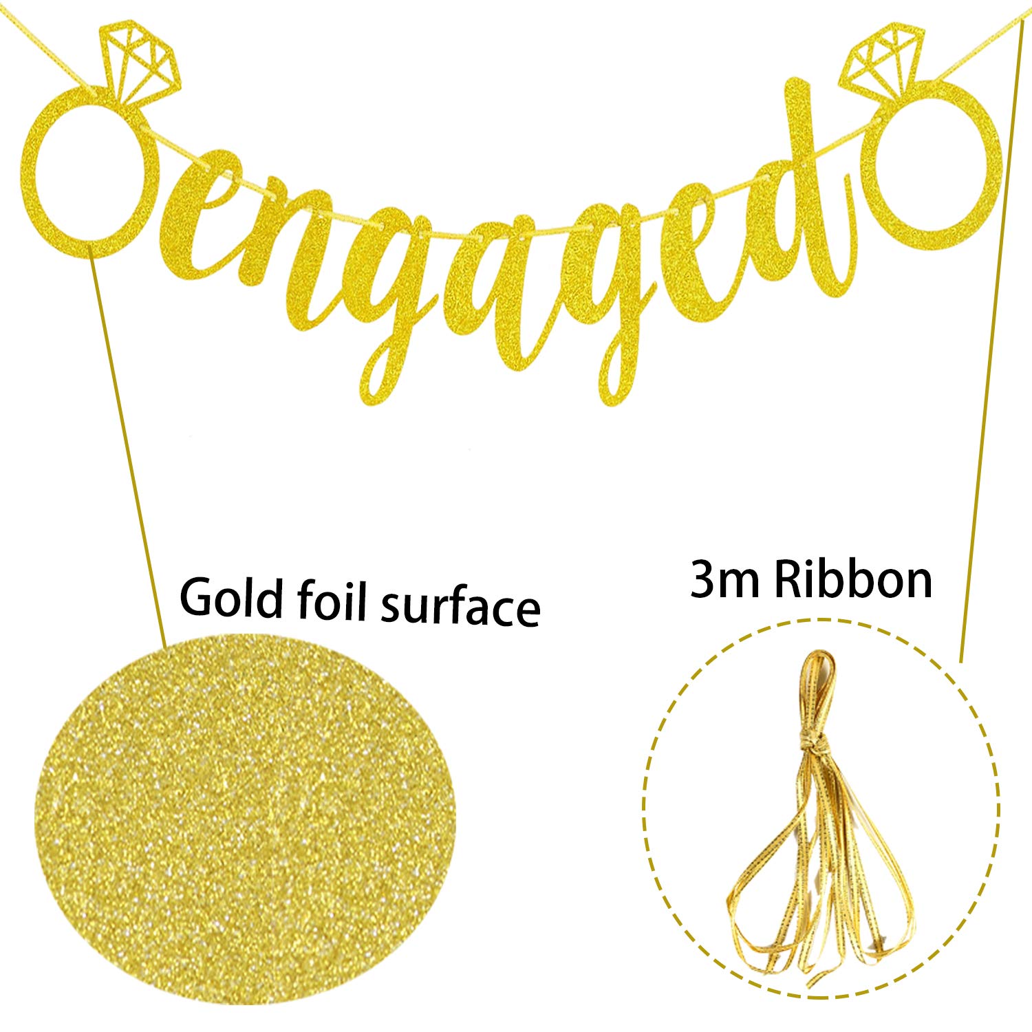 Engagement Party Decorations - Extra-Large Engaged Banner Gold Glittery Letters and Diamond Ring, Engagement, Bridal Shower Party Decorations