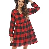 FANCYINN Womens Long Sleeve Buffalo Plaid Shift Tunic Dress Ruffle Hem Vneck Casual Swing Babydoll Mini Dress with Pockets