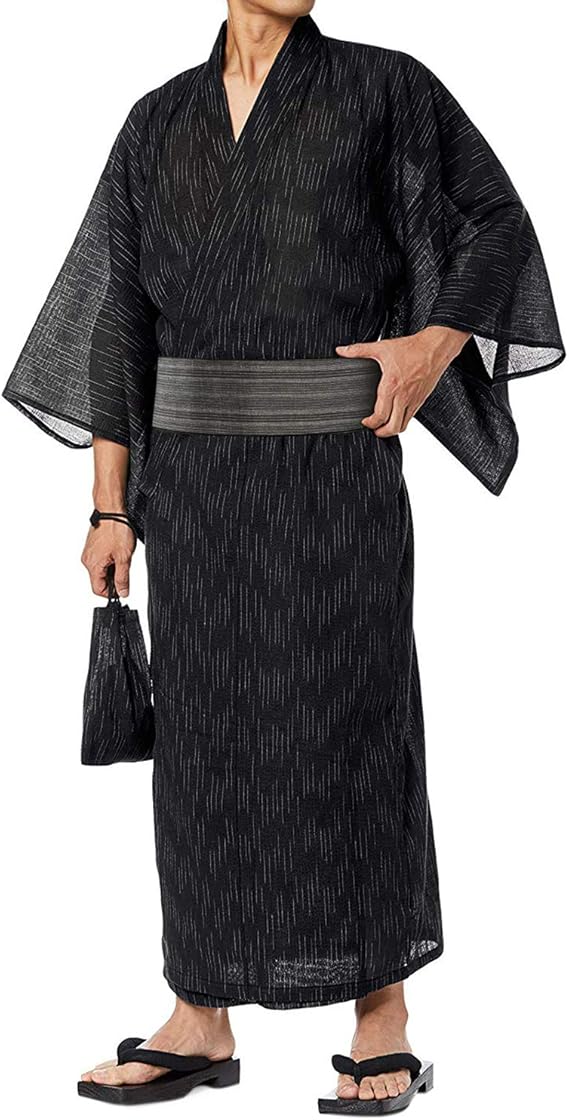 Amazon 浴衣 メンズ 4点セット 浴衣 帯 下駄 信玄袋 しじら織り